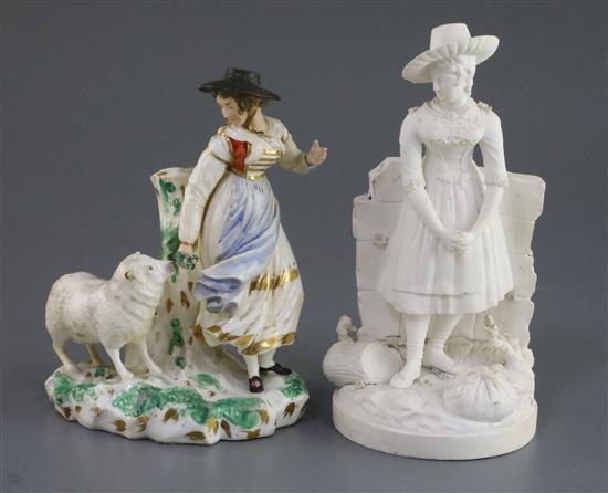 Two Rockingham porcelain figures, c.1830, h. 17cm and 19.5cm, some restoration to shepherdess